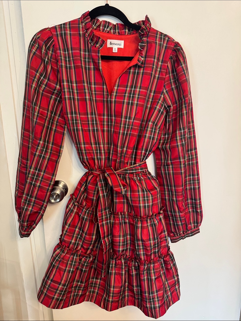 &merci Red Plaid Tiered Tie-Waist Kids Dress